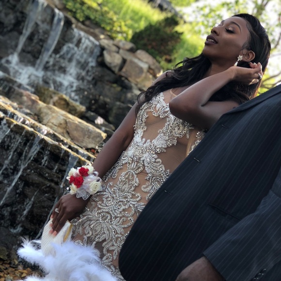 Crystal Nude Sheer Prom Dress with Feather Train - Picture 2 of 2